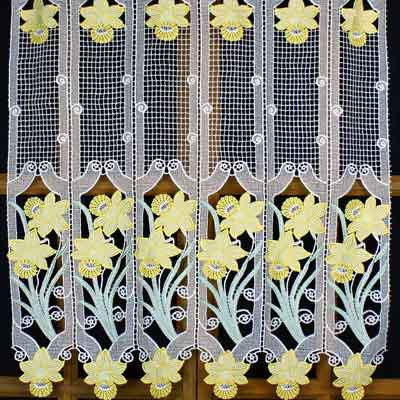 Yellow flowered macrame cafe curtain
